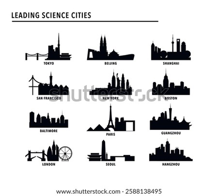 Best science cities index - logo, icon pack with skylines of Tokyo, Beijing, Shanghai, San Francisco, New York, Boston, Baltimore, Paris, Guangzhou, London, Seoul, Hangzhou. Vector ranking image