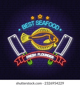 Best seafood. Fresh Alaska sole or flounder neon sign. Vector. For seafood emblem, sign, patch, shirt, menu restaurants, fish markets, stores. Neon sign, bright signboard light banner.