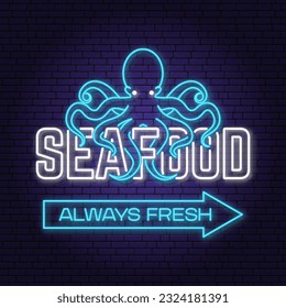 Best seafood. Fresh octopus neon sign. Vector illustration. For seafood emblem, sign, patch, shirt, menu restaurants, fish markets, stores. Neon sign, bright signboard, light banner