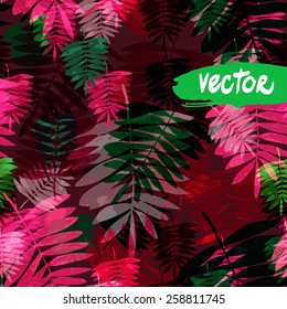 The best seamless floral pattern with green and red palm leaves, beautiful floral ornament, vector dark jungle. painted floral pattern on a dark background