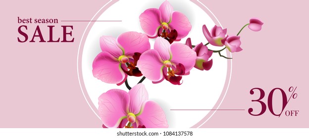 Best season sale, thirty percent off horizontal banner design with pink flowers in white circle. Typed text can be used for labels, flyers, signs, poster