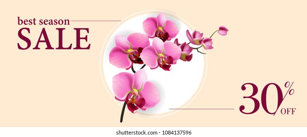 Best season sale thirty percent off banner design with pink flowers in white circle on beige background. Typed text can be used for labels, flyers, signs, poster.