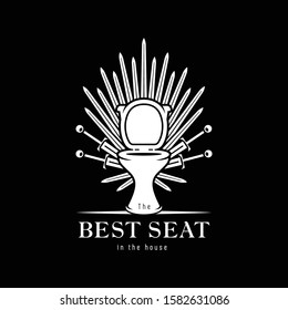 Best seat in the house funny bathroom poster. Toilet bowl throne with iron swords around. Vector illustration.