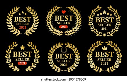 Best seller 2021 award label with laurel wreath. Best product advertising badges collection.