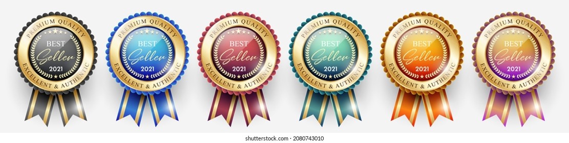 Ganadora 2021 Medallas de calidad Premium. Etiquetas doradas realistas - insignias, mejor vendedor 2021. Ilustración del vector EPS10