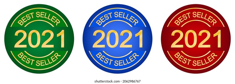 Best seller 2021 stamp. Set of round logo. Label or seal. Product quality. Bestseller cachet. Round print. Top seller. Dark red, blue, green and gold.