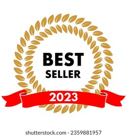 Best seller of 2023 icon with red ribbon and round wreath of golden laurel leaves vector illustration. Circle label of sales champion, prize badge for best winners in competition to sell product.