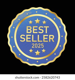 Best seller 2025 sticker label, blue black badge shiny Stars and laurel wreath Decoration vector isolated on black background . suitable for icon, logo, sticker, seal, badge, emblem, stamp, etc.