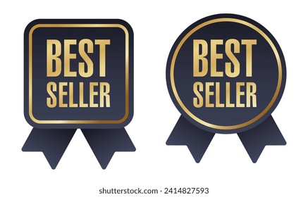 Best seller 3D sign in style of golden medal with check mark. Top Product badge - square and circle versions