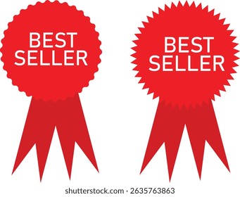 Best seller award emblem with red ribbon on white background.