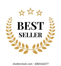 Best seller award icon badge vector illustration. Top quality logo, premium emblem prize stamp with round luxury gold laurel wreath, golden stars sign and best seller black text isolated on white