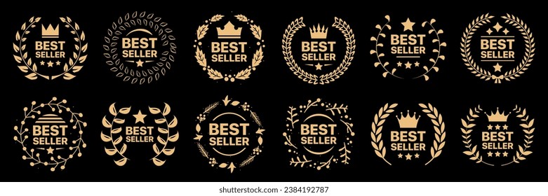 Best seller badge collection. Set of best seller emblem with laurel wreath, crown and star icon. Best seller label collection. Best seller icons for product label