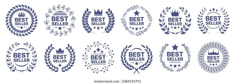 Best seller badge collection. Set of best seller emblem with laurel wreath, crown and star icon. Best seller label collection. Best seller icons for product label