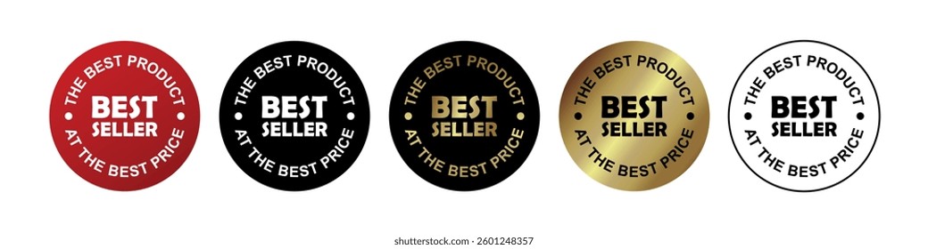 Best seller badge logo design. Best seller sticker label in gold, red, black, and white. Vector Illustration