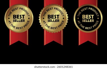 Best seller badge logo design. Golden best seller sticker label with red ribbon isolated in black. Vector Illustration