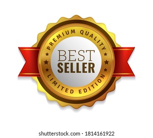 Best seller badge. Premium golden emblem. Luxury best seller product badge. Round gold sale promotion offer decoration element with red ribbon,  realistic vector isolated illustration