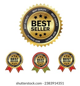 Best seller badge set with medal gold and red ribbon isolated