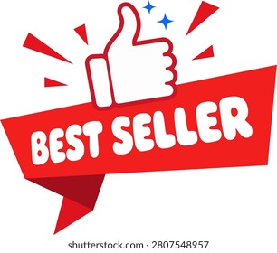 Best seller badge vector design with thumbs up hand gesture and red ribbon banner illustration