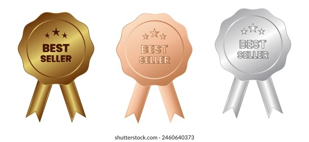 Bestseller-Badge-Vektorgrafik-Symbol. Goldene und silberne Abzeichen. Auszeichnung, Medaille und exklusive Mitgliedschaft Badge Design. Vektorillustration.