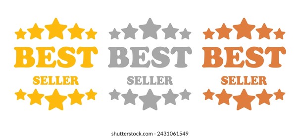 Best seller banner. Golden, silver, bronze logo design. Stars, sale, sell, announcement, advertisement, promotion, discount, product, must have, top, choice, badge, price, quality. Vector illustration