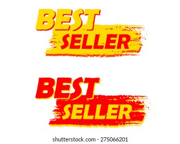 best seller banners - text in yellow and red drawn labels, business shopping concept, vector