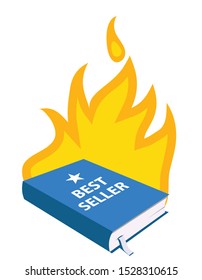 best seller blue book on fire, burning, vector illustration 