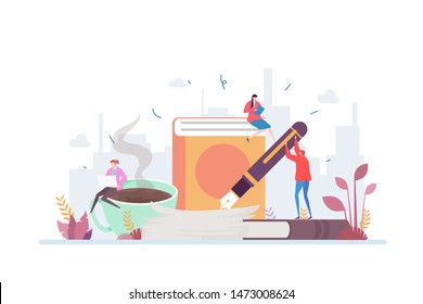 Best Seller Book Author Vector Illustration Concept Showing book author writing script and novel with a cup of coffee, Suitable for landing page, ui, web, App intro card, editorial, flyer, and banner.