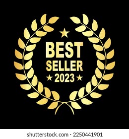 Best seller book badge template. Golden vector illustration of Top selling book laurel wreath banner isolated on black