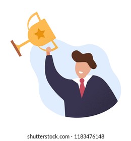 Best seller and the champion cup. Winner. Successful businessman. Vector illustration in cartoon and flat style.