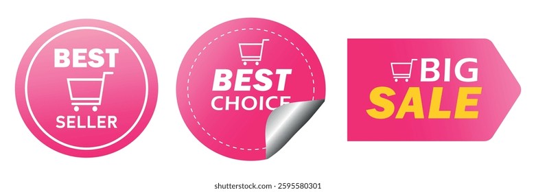 Best seller, best choice, big sale pink gradient rubber stamp label emblem sticker tag symbol shopping cart popular product