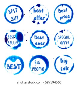 Best seller collection of round watercolor stains with best buy, offer, price, seller, big sale, ever, special offer, big promo text. Set of vector Best seller stamps.