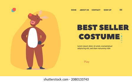 Best Seller Costume Landing Page Template. Child in Christmas Costume of Reindeer, Little Boy or Girl Performing on Party. Kid Character Celebrate in Deer Dress. Cartoon People Vector Illustration