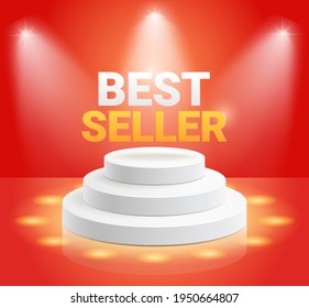 Best seller display stand podium with spotlight vector illustrations.