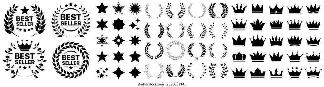 Best seller emblem badge collection with star, crown and laurel wreath icons elements
