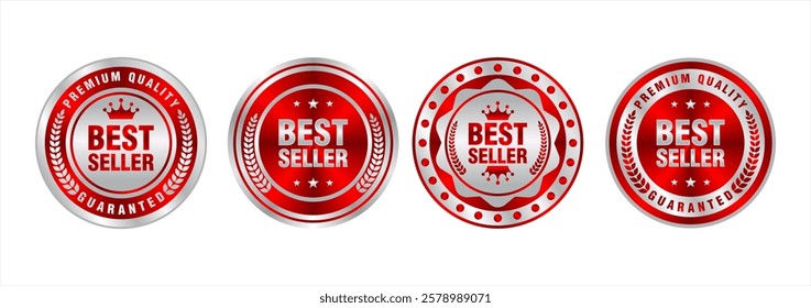 best seller emblem badge sticker in shiny silver and red  for certified products.