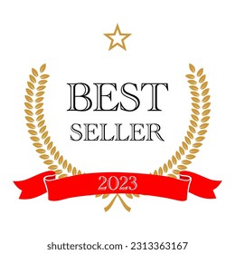 Best seller emblem, badge with wreath of laurel leaves frame, golden star and 2023 text on red ribbon vector illustration. Bestseller premium label template, trophy for winner with top sales.
