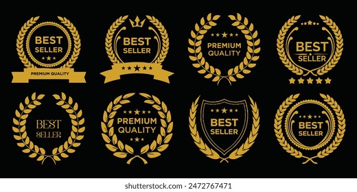 Bestseller-Emblem mit Lorbeerkranz. Best Seller Award Abzeichen Kollektion. Bestseller-Label Isolated Vektorgrafik.