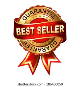 Best seller gold label with ribbons.  Vector illustration.