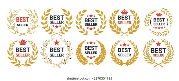 Best seller golden laurel sign quality guarantee certificate client choice emblem set vector flat illustration. Award medal premium customer satisfaction certification with star and crown label design