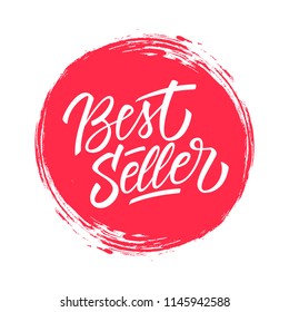 Best Seller handwritten inscription on red circle brush stroke background.  Creative typography for business, promotion and advertising. Vector illustration.