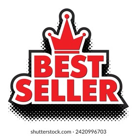 Best seller header with crown in comic book style. Vector on transparent background