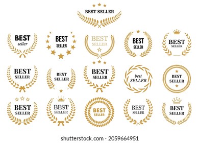 Best seller icon badge set vector illustration. Bestseller logo label tag design template for top sales, gold award round stamp, sticker with ribbon, stars and best seller text isolated on white