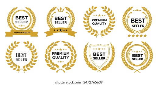 Best seller icon badge set vector illustration. Bestseller logo label tag design template for top sales, gold award round stamp, sticker with ribbon, stars and best seller isolated vector.