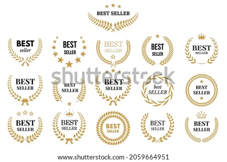 Best seller icon badge set vector illustration. Bestseller logo label tag design template for top sales, gold award round stamp, sticker with ribbon, stars and best seller text isolated on white