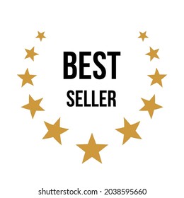 Best seller icon badge vector illustration. Label award seal stamp with gold stars and best seller text, quality tag for top premium product or special offer, golden sticker design isolated on white