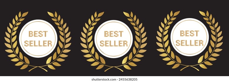 Best seller icon designs set with laurel, best seller badge logo template isolated on black vector illustration EPS 10