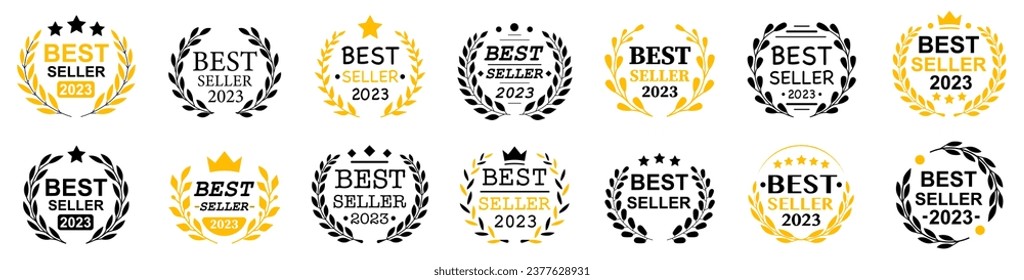 Best seller icon set. Best sellers 2023. Best choice. Gold logo. Best seller badge logo isolated. Vector illustration