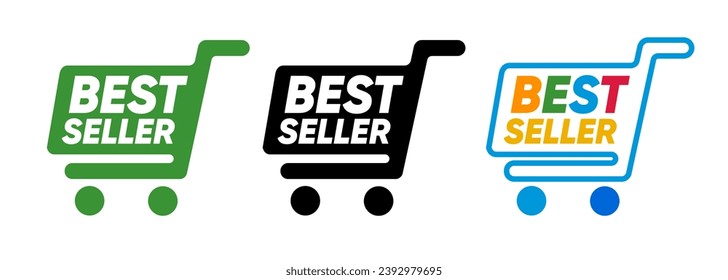 Best seller label emblem sticker tag green black white symbol shopping cart popular product 