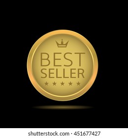 Best seller label. Golden award badge with crown and stars