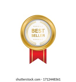 Best seller label with red ribbon. The Best seller gold badge with red ribbon on white background